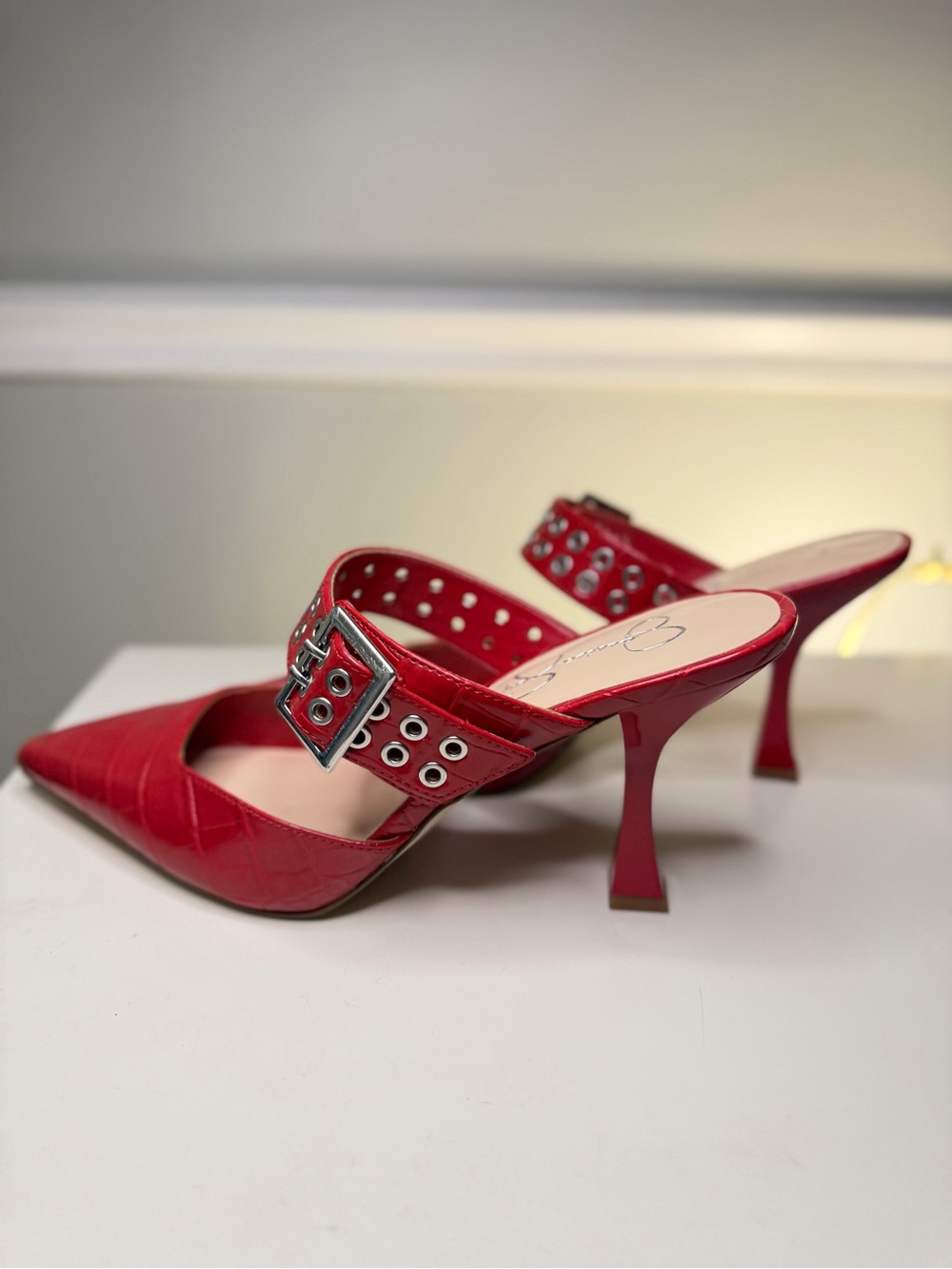 Jessica Simpson Red Pointed-Toe Buckle Mules